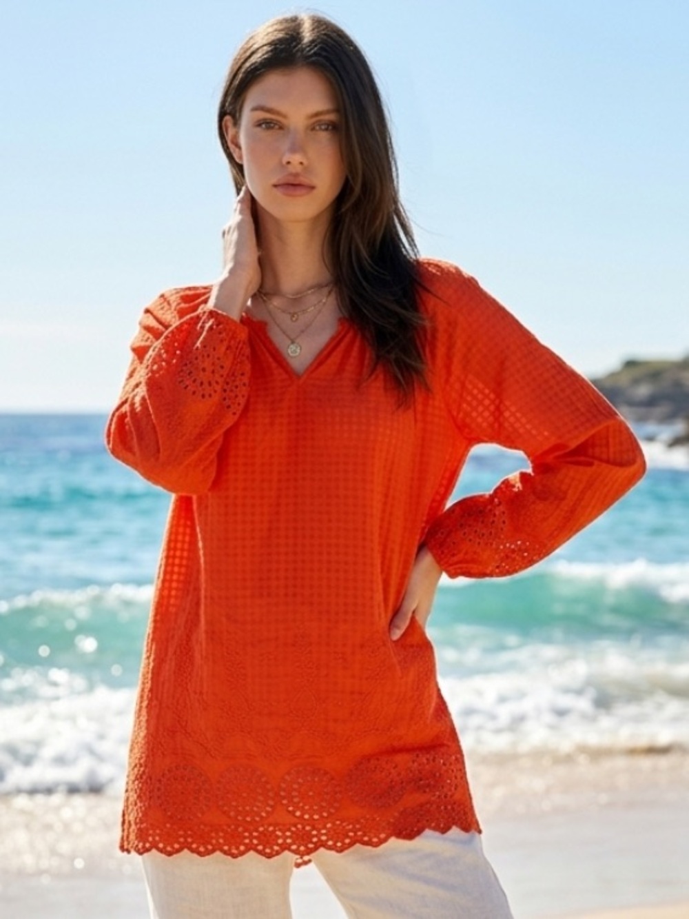 SOFT SURROUNDINGS Top Blouse Eyelet Lace Sunsetter Orange Scalloped Tunic Boho